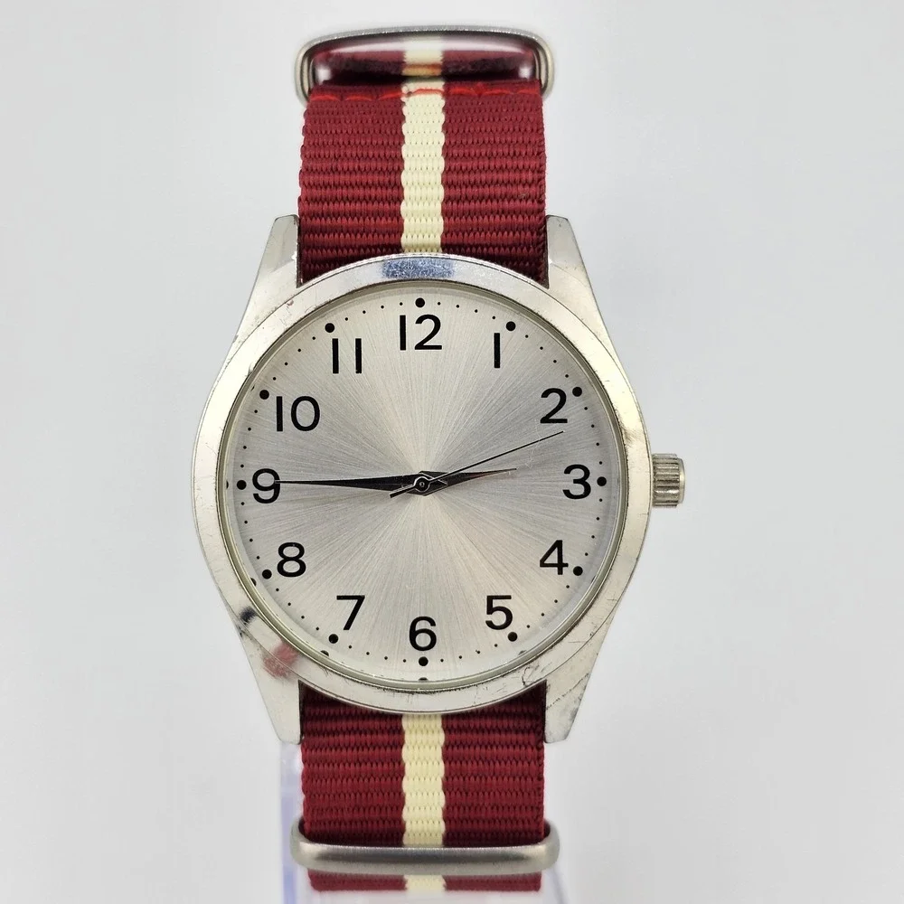Men's Watch 41MM Large Case Gray Dial Case New Red Nylon Band‎ New Battery